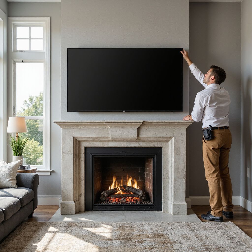 Person installing a large TV above a fireplace. Room with neutral colors.