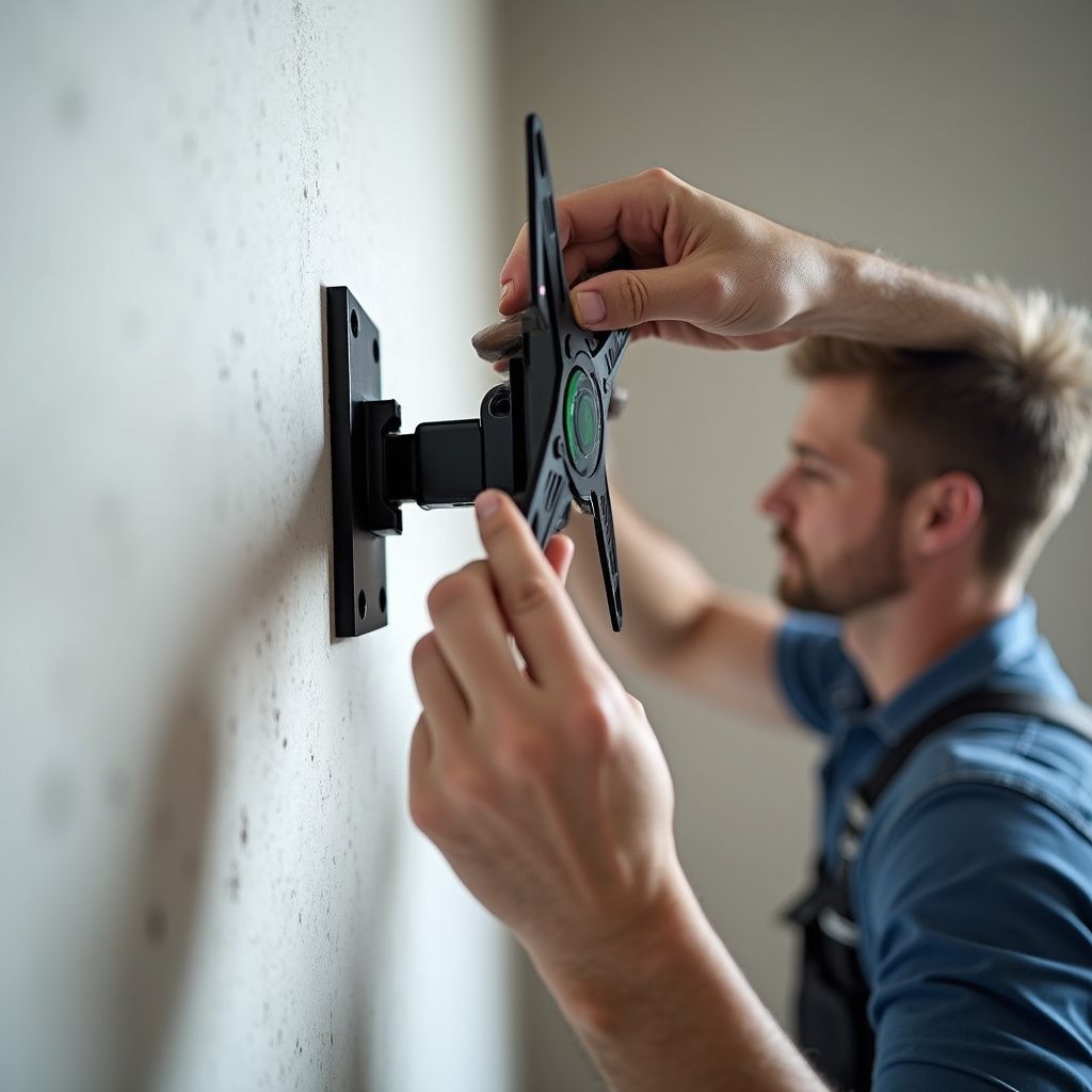 Person installing a black TV mount on a light-colored wall.