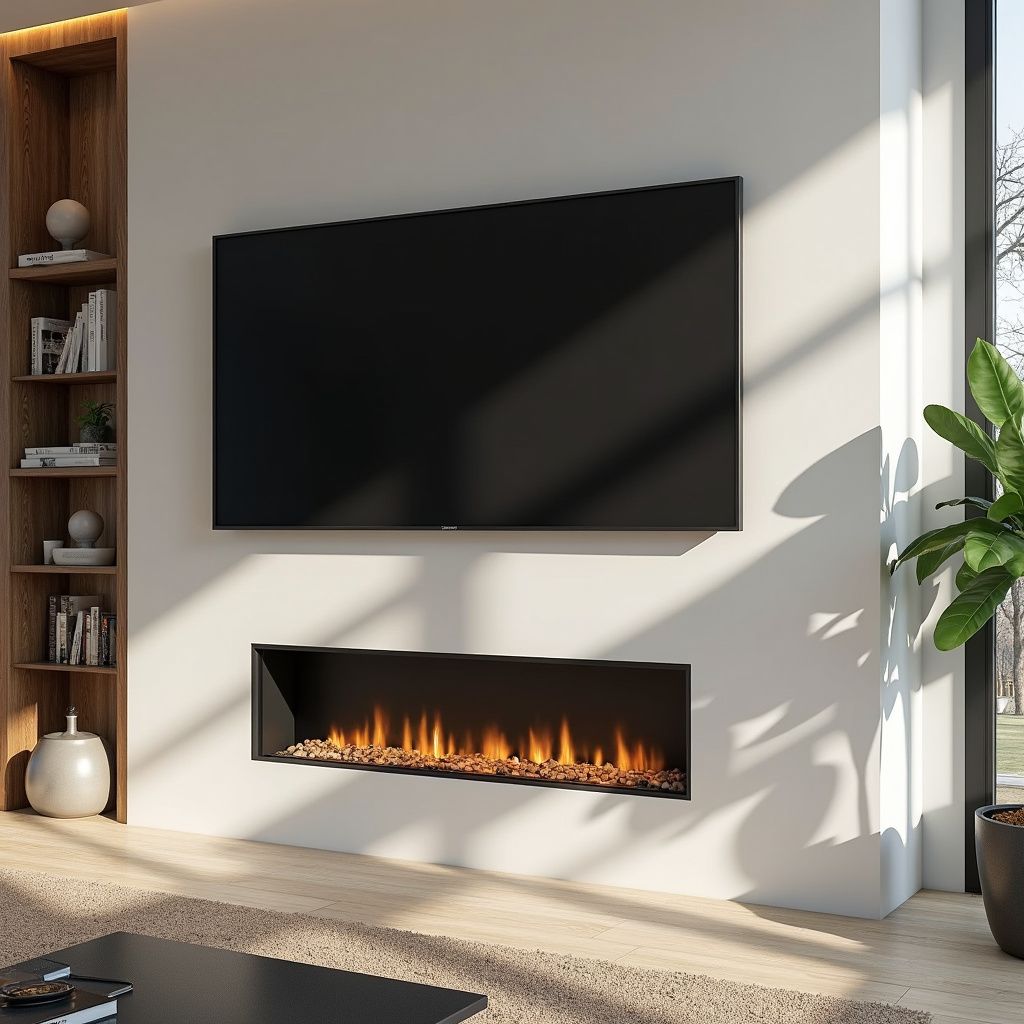 Modern living room with a wall-mounted TV above a fireplace.