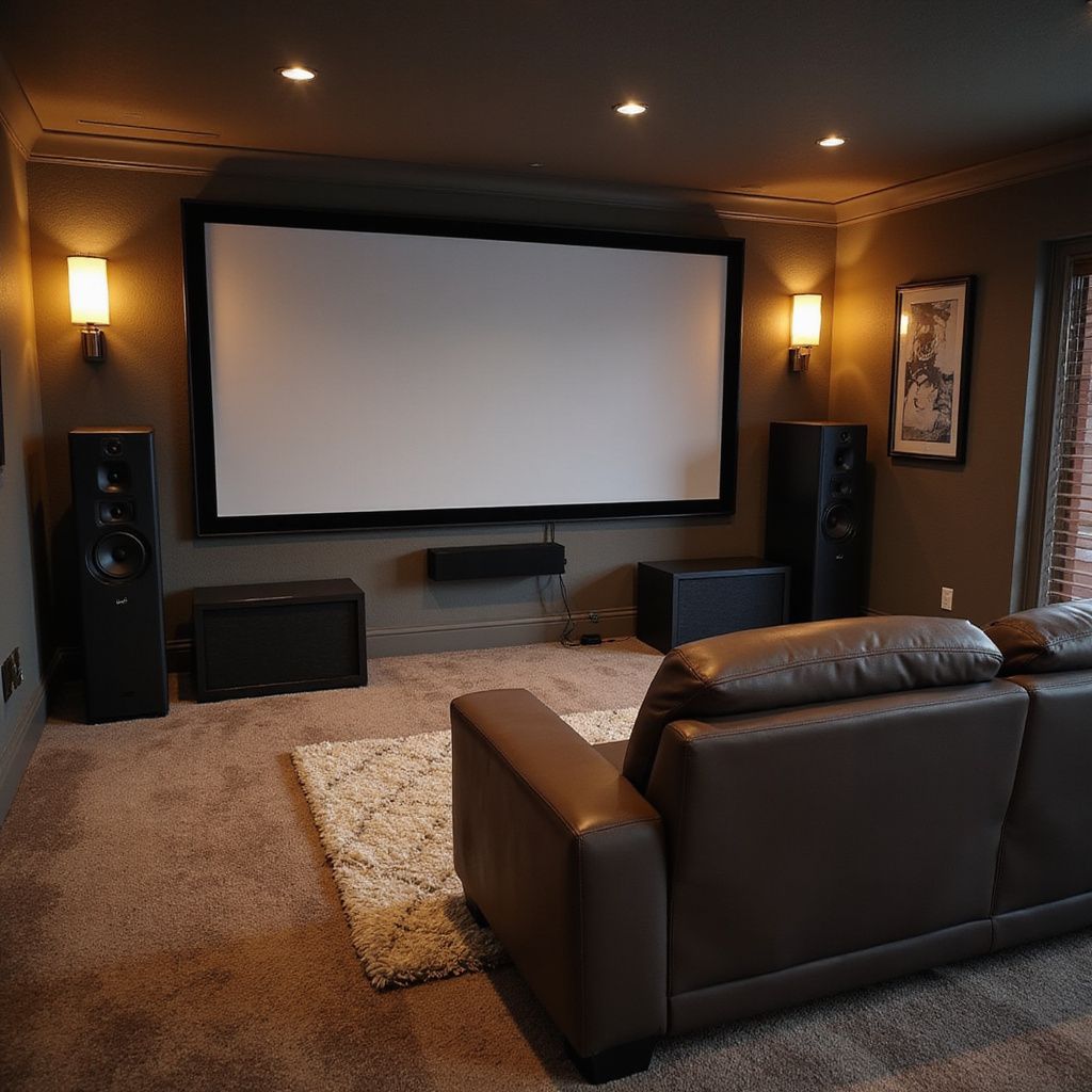 Home theater with large screen, speakers, leather sofa, and ambient lighting.