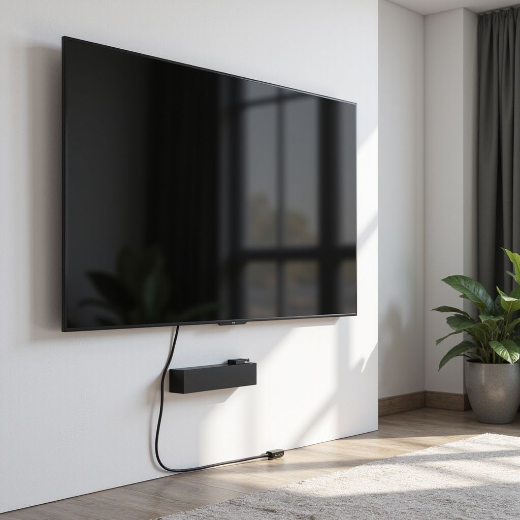 Large black TV mounted on a white wall with a black device below and cable running down to a floor outlet.