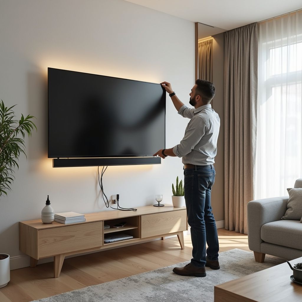 Man adjusting a large TV mounted on a wall with glowing lights.