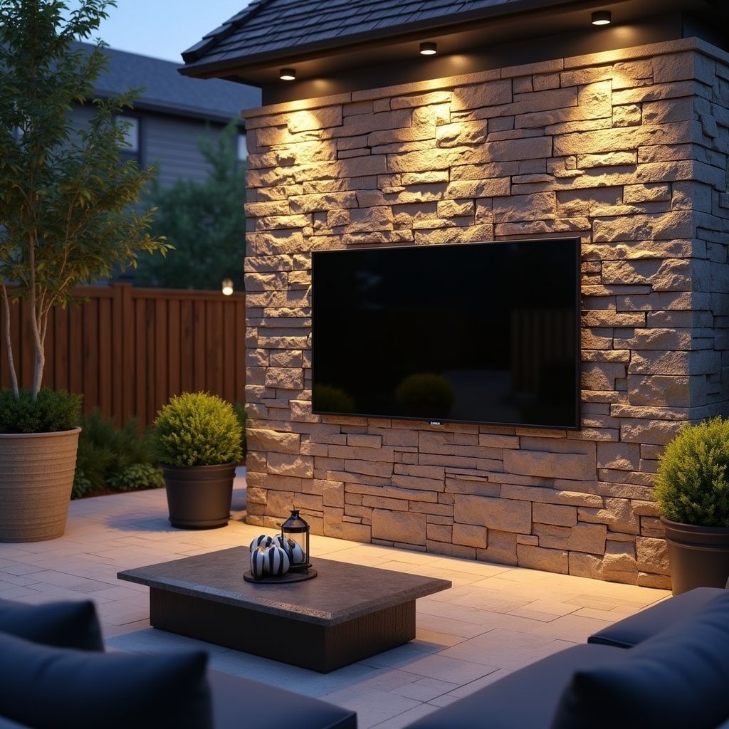 Outdoor patio with a TV mounted on a stone wall, seating area, and potted plants.