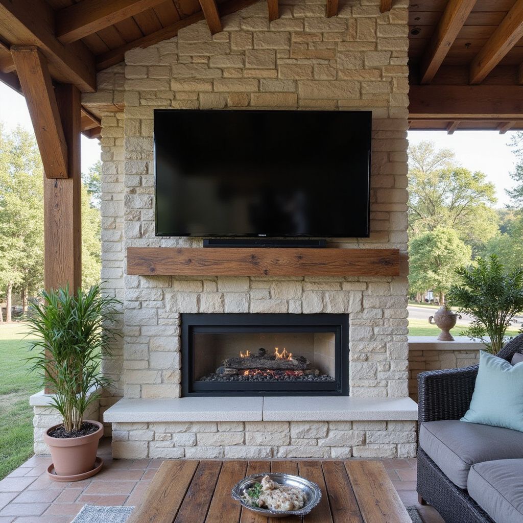 Outdoor fireplace with a mounted TV, stone facade, and wooden mantle.