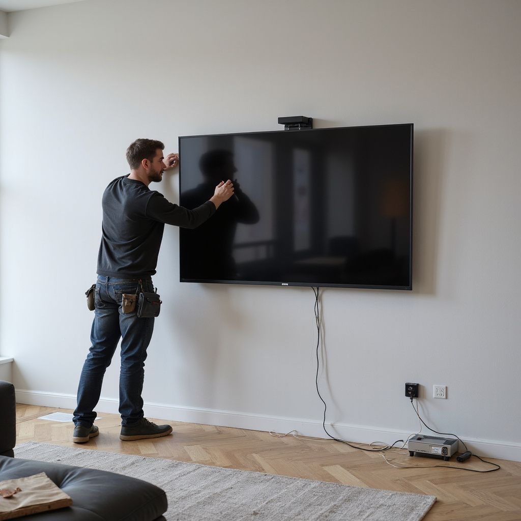Man mounts a TV on a white wall. He wears dark clothing and a tool belt. Cables hang down to an outlet and device.