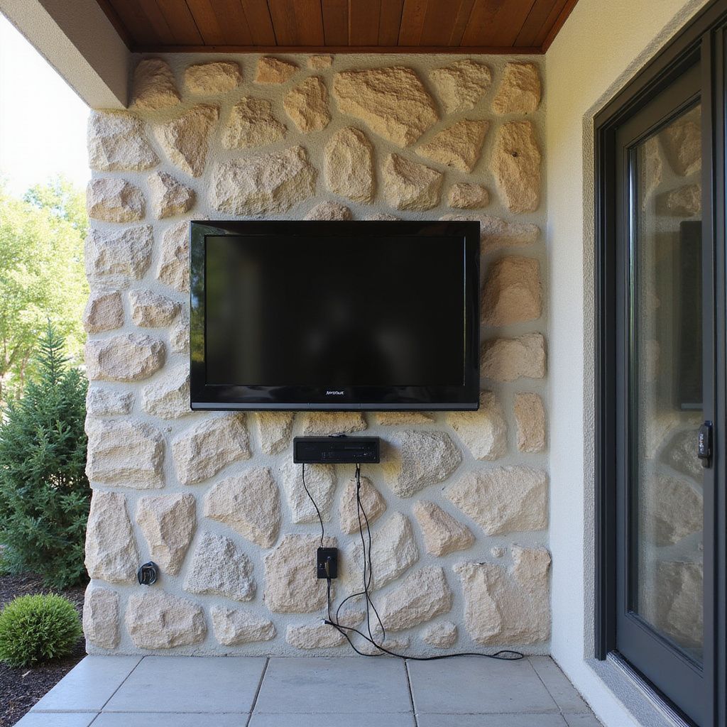 Television mounted on a stone wall on a patio, with a soundbar below and power outlet.