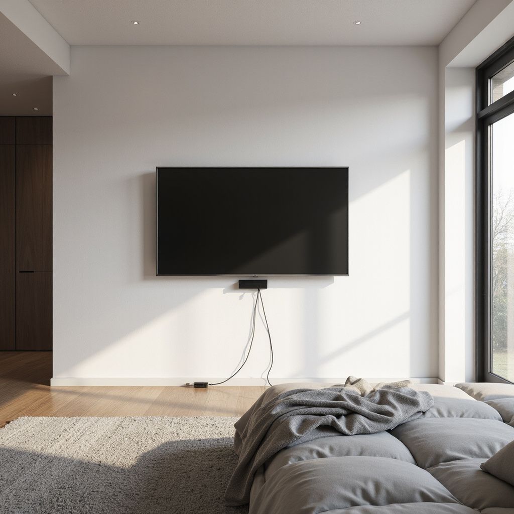 A flat-screen TV on a white wall.