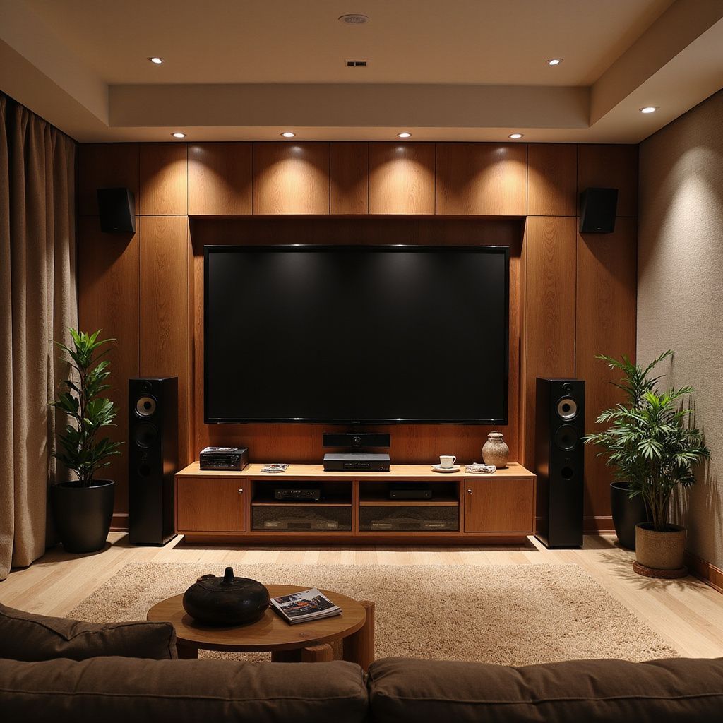 Home theater with large TV, wooden paneling, speakers, and plants.