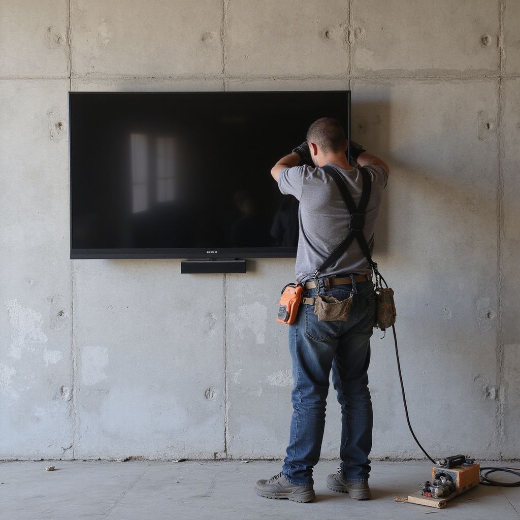 A person hangs a TV on a concrete wall.