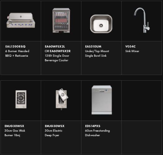 Eight kitchen appliance icons: grill, beverage cooler, sink, faucet, wok burner, deep fryer, and dishwasher.