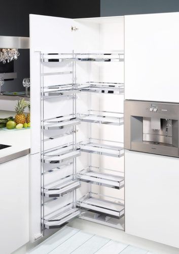 White kitchen pantry cabinet with pull-out chrome shelving, showcasing storage potential.