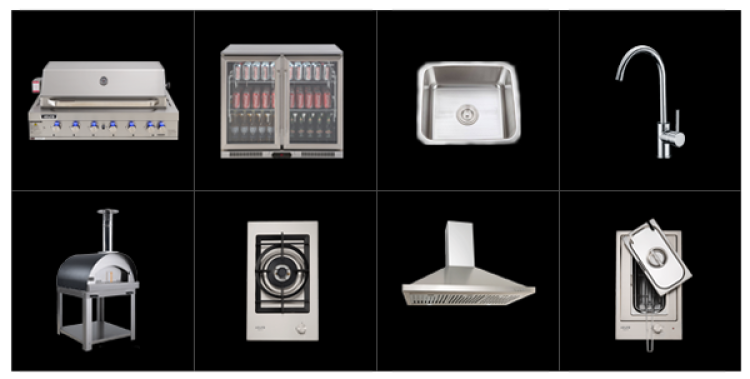 Outdoor kitchen appliances: grill, fridge, sink, faucet, pizza oven, cooktop, range hood, and warming drawer.