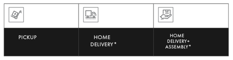 Options for furniture delivery: Pickup, Home Delivery*, Home Delivery & Assembly*.