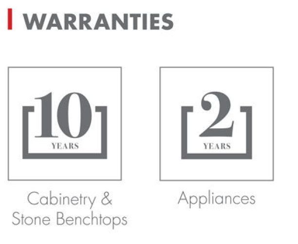 Warranty details: 10 years cabinetry & stone benchtops, 2 years appliances.