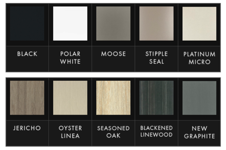 Color swatches: black, white, gray, brown, beige, and wood grain options labeled 