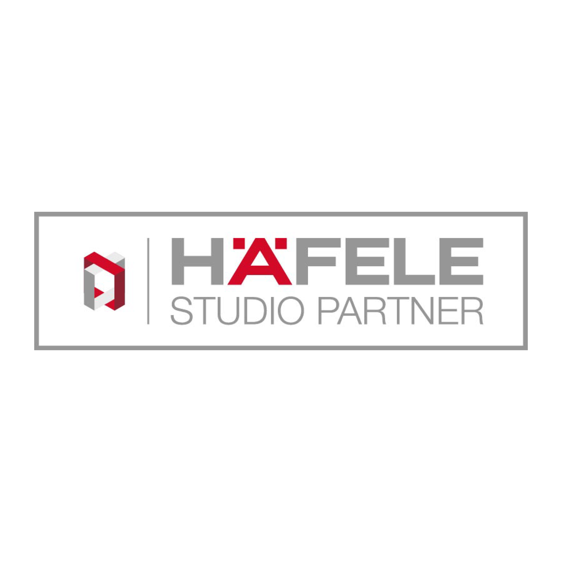 Häfele Studio Partner logo: red and gray abstract shape, 