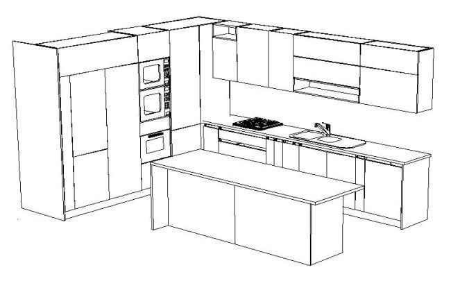 Line drawing of a modern kitchen layout, featuring cabinets, appliances, and an island.