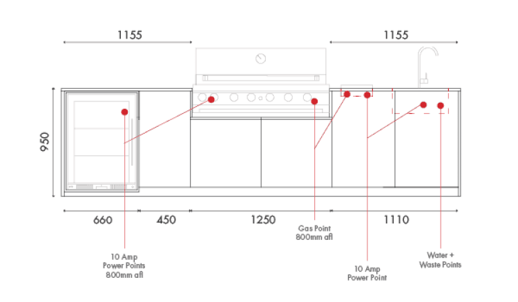 Diagram of an outdoor kitchen layout with dimensions. Includes grill, sink, fridge, power and gas points.