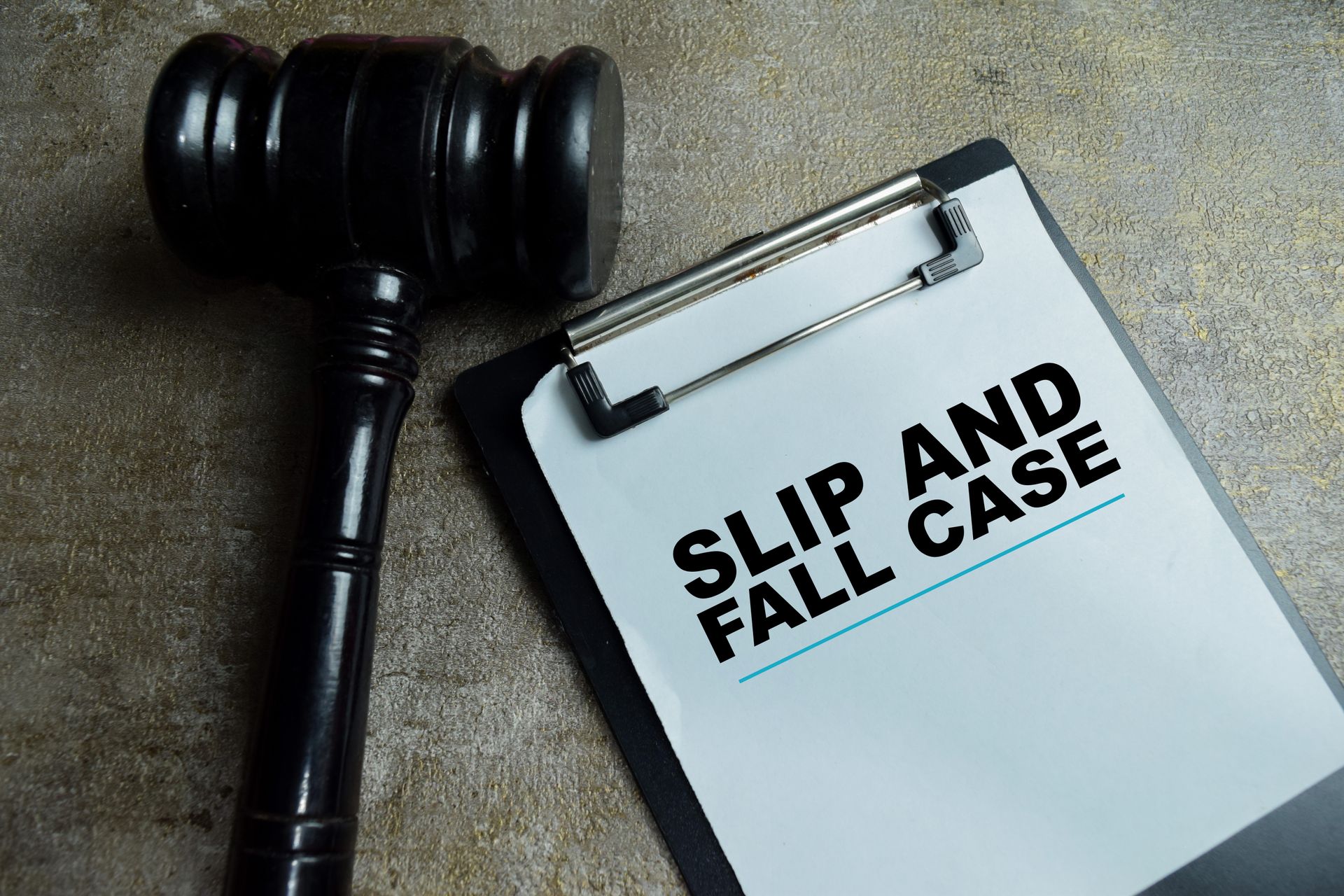 Slip and fall attorney reviewing a slip and fall case file beside a gavel. Slip and fall attorney reviewing a slip and fall case file beside a gavel.
