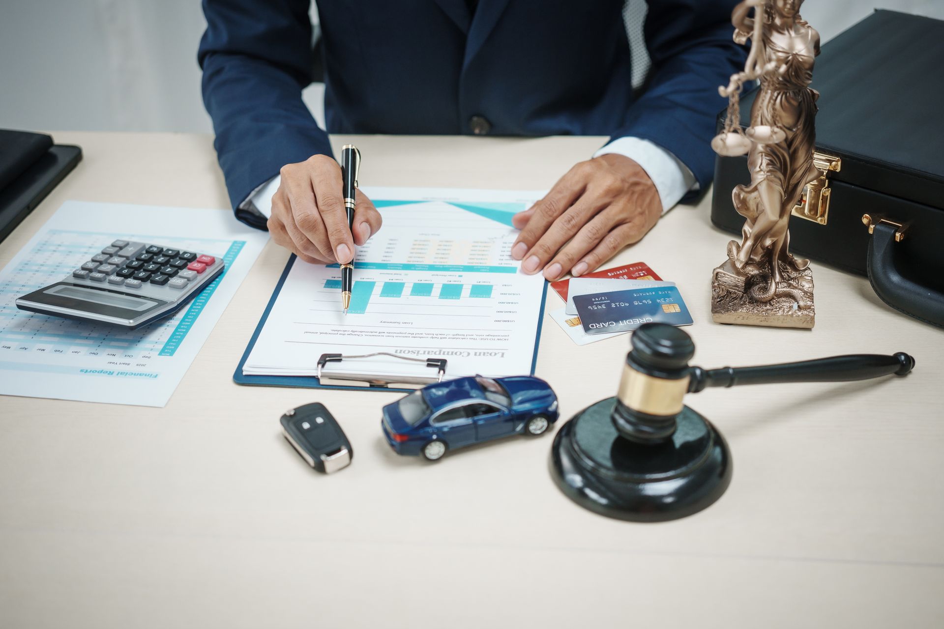 A lawyer at a desk with documents, a calculator, credit cards, a gavel, and a Lady Justice statue