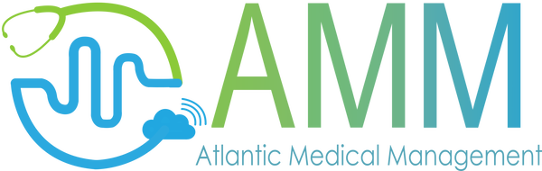 A logo for atlantic medical management with a stethoscope and a cloud