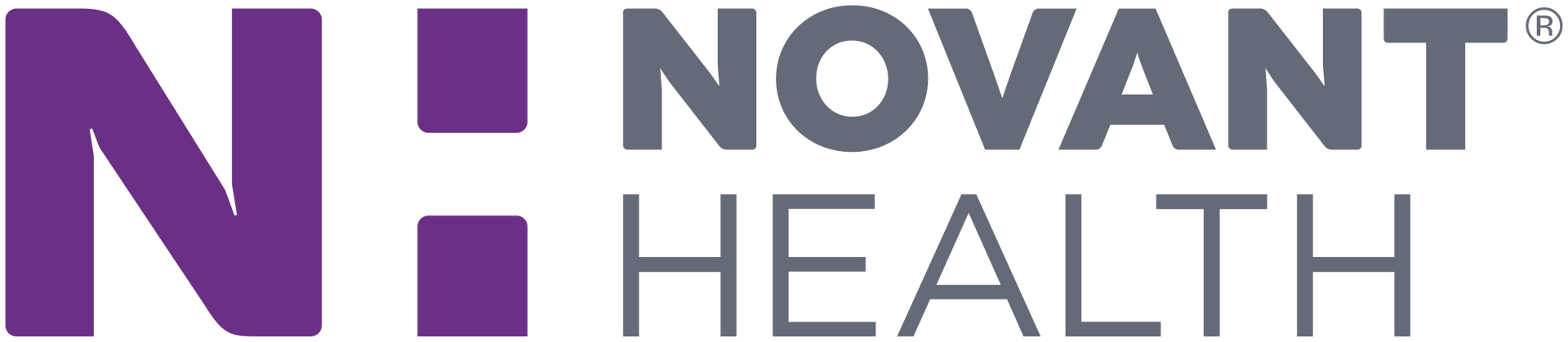The logo for novant health is purple and white.