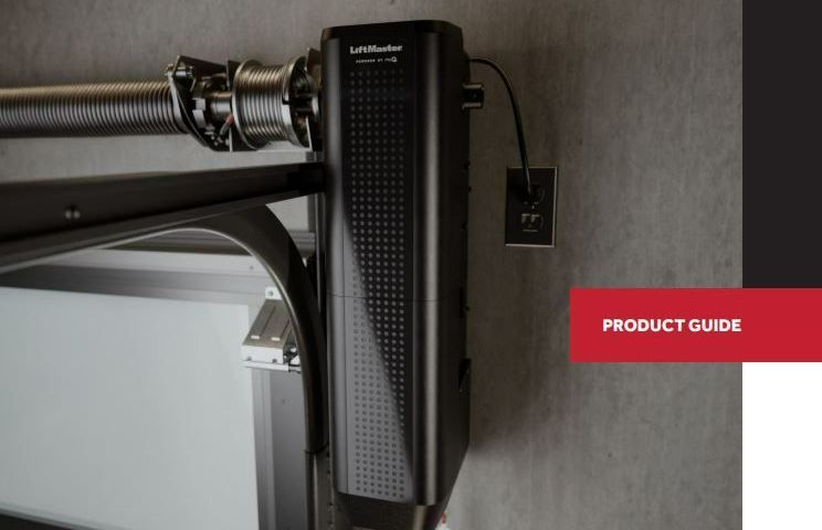 Garage door opener mounted on the wall, with a product guide overlay.