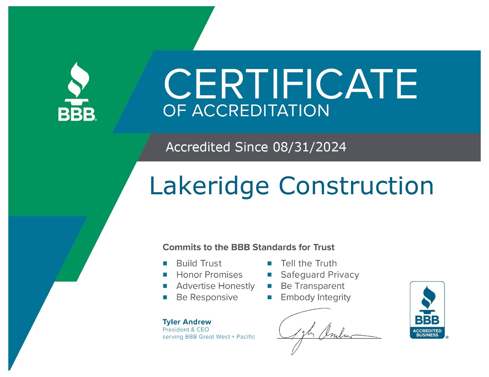 BBB Certificate of Accreditation for Lakeridge Construction, accredited since 08/31/2024.