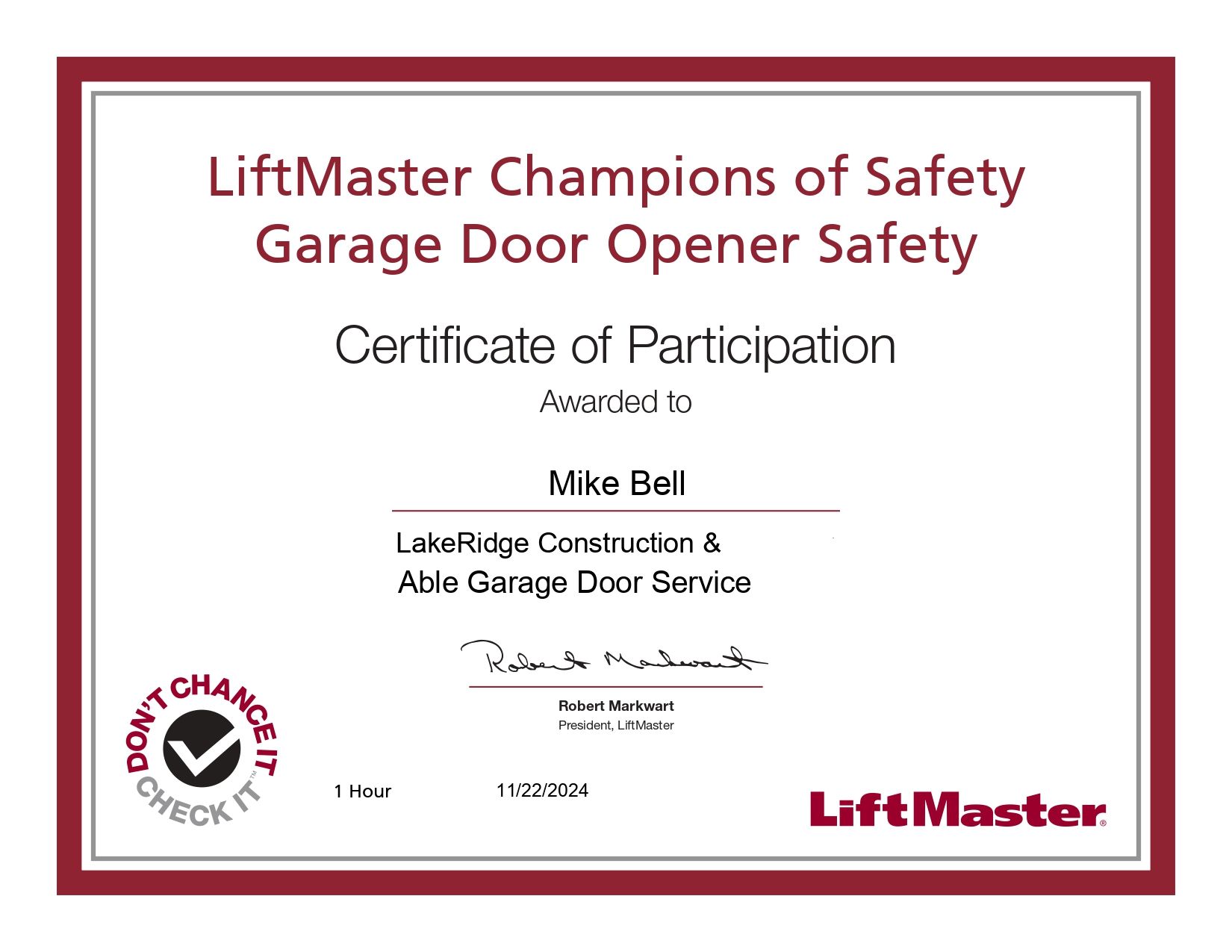 Certificate of participation from LiftMaster for Mike Bell, mentioning garage door safety.