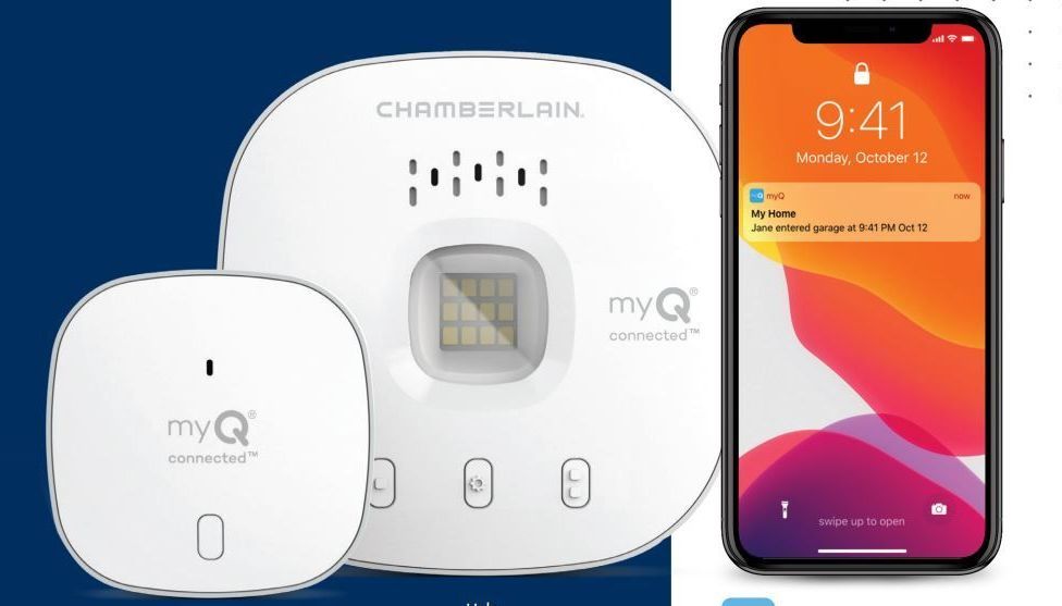 A white MyQ smart garage door opener system with a smartphone displaying a notification.