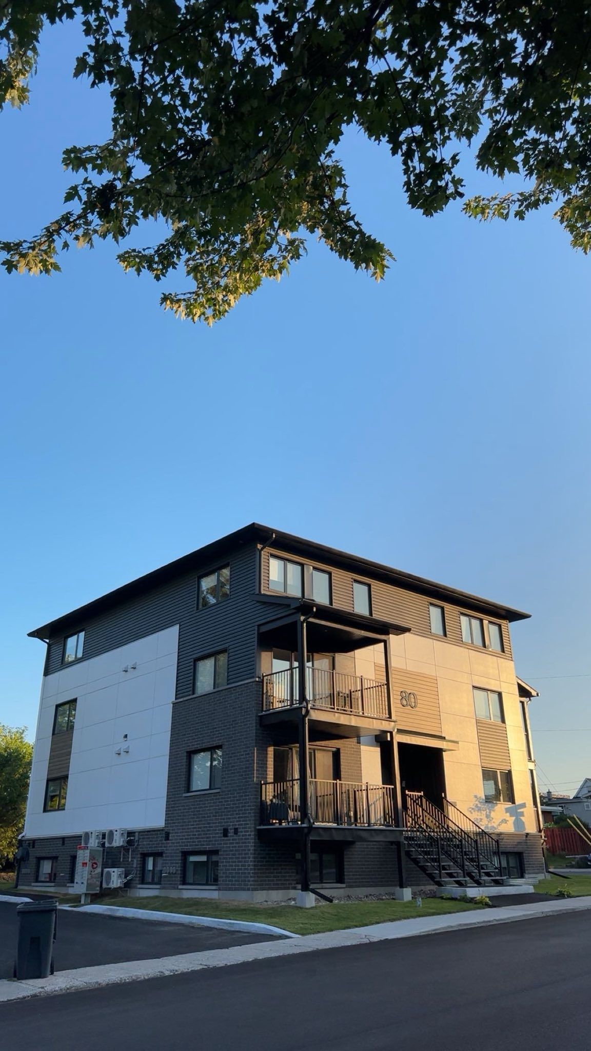 Immeuble à plusieurs étages avec balcons, ciel bleu et branches d'arbres au-dessus.