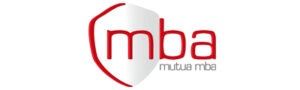 Logo mba rosso e grigio con contorno a scudo e piccola scritta “mutua mba”