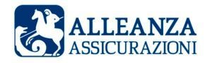 Logo Alleanza Assicurazioni in blu con emblema e testo bianchi.