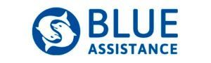 Logo di Blue Assistance con un delfino bianco in un cerchio blu e testo blu.