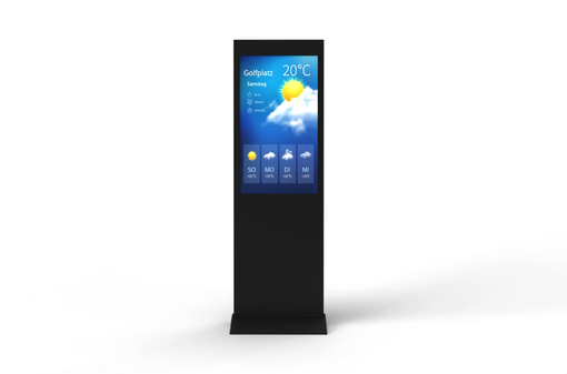 Eine digitale Anzeige, die auf weißem Hintergrund das Wetter und die Temperatur anzeigt. | Digital Signage Stele