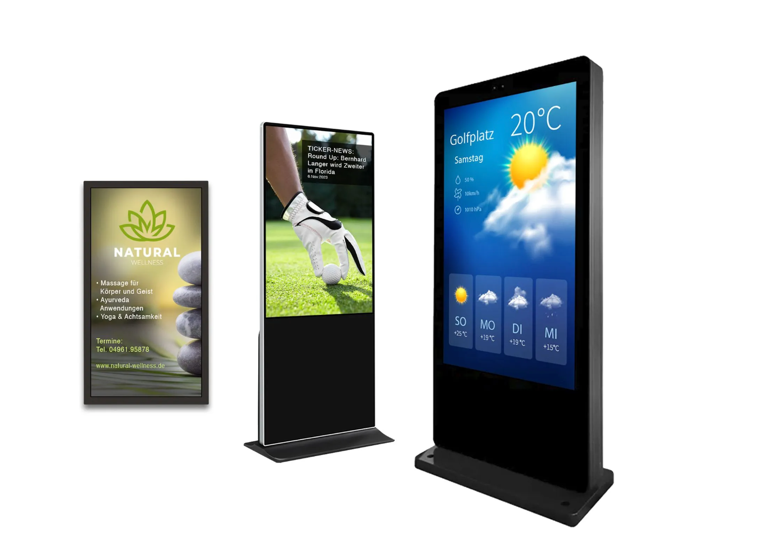 Drei verschiedene Arten digitaler Zeichen stehen nebeneinander auf einem weißen Hintergrund. | Digital Signage Bildschirme