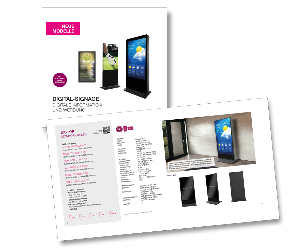 Auf weißem Hintergrund wird eine Broschüre für ein Digital Signage-System angezeigt.
