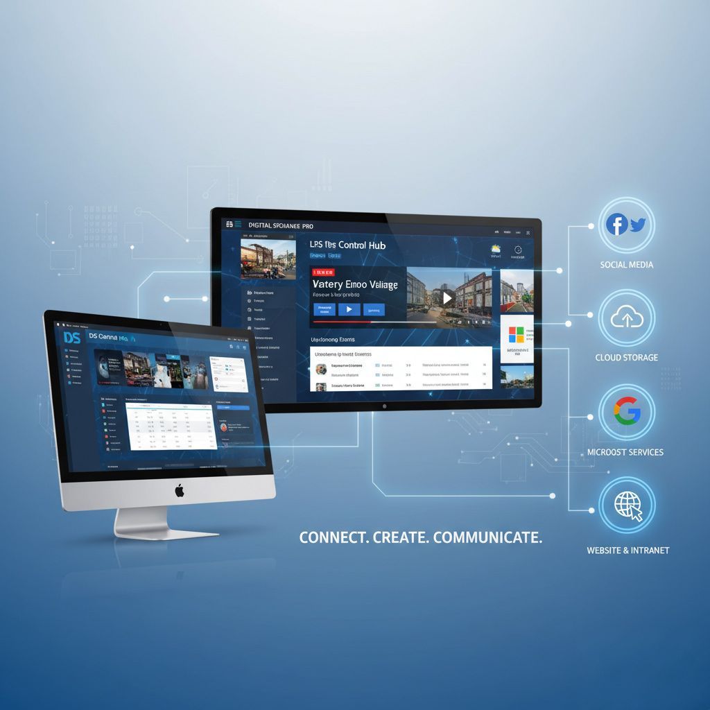 Zwei Computerbildschirme mit Digital Signage-Oberfläche und Social-Media-Symbolen vor blauem Hintergrund