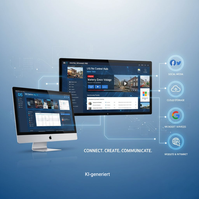 Zwei Computerbildschirme mit Digital Signage-Oberfläche und Social-Media-Symbolen vor blauem Hintergrund