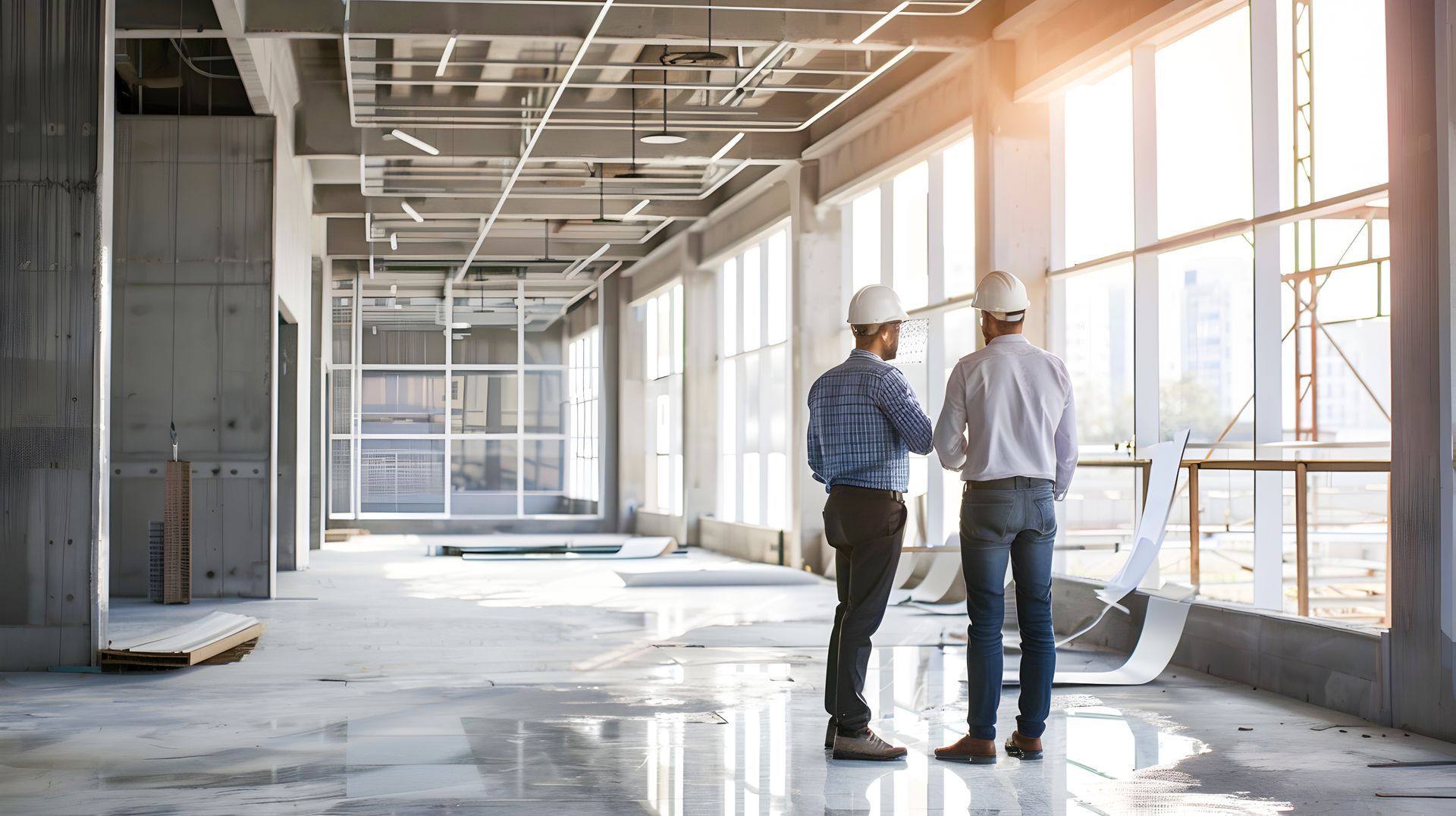 Two construction workers are working on the ceiling of a building.