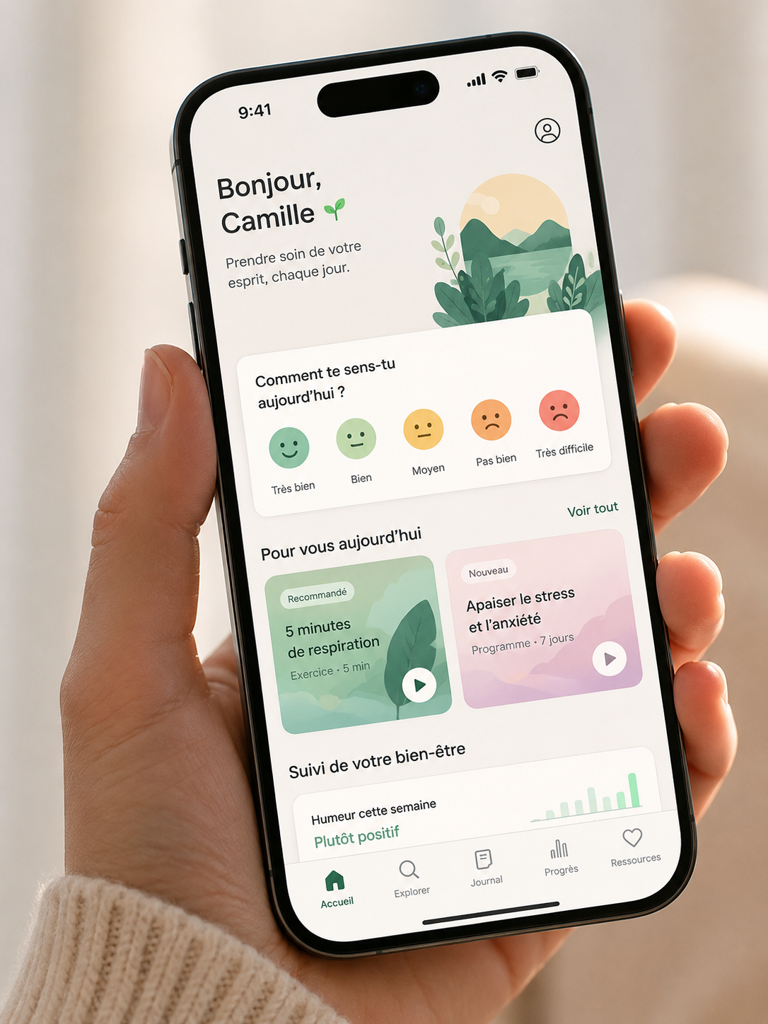 Digital health application on a smartphone supporting mental wellbeing, mood tracking and patient engagement.