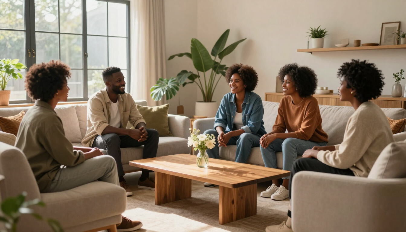 A supportive group of Black individuals engaged in conversation.