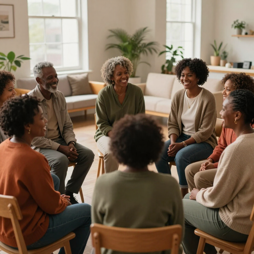 A supportive group of Black adults engaging in a community healing circle.