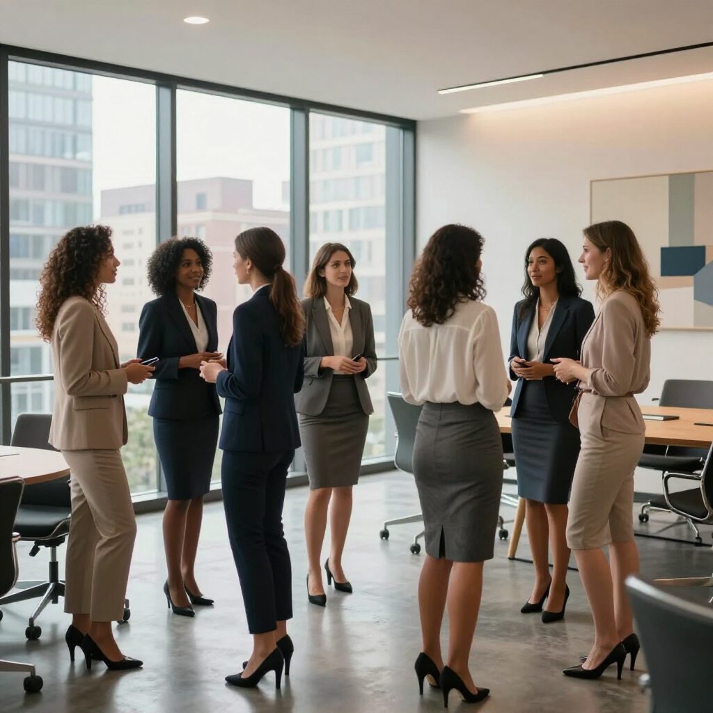 Colleagues in business attire talking in a bright conference room with large windows