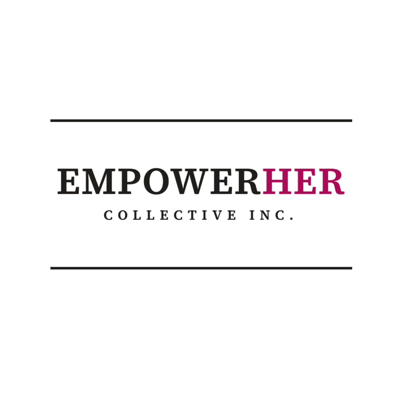 EmpowerHER Collective Inc. logo with black and magenta text between thin black lines