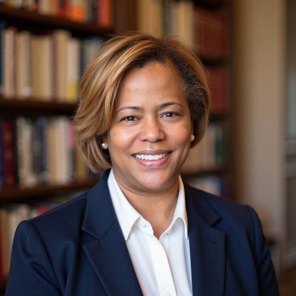 Smiling professional in navy blazer and white shirt, seated in front of bookshelves.