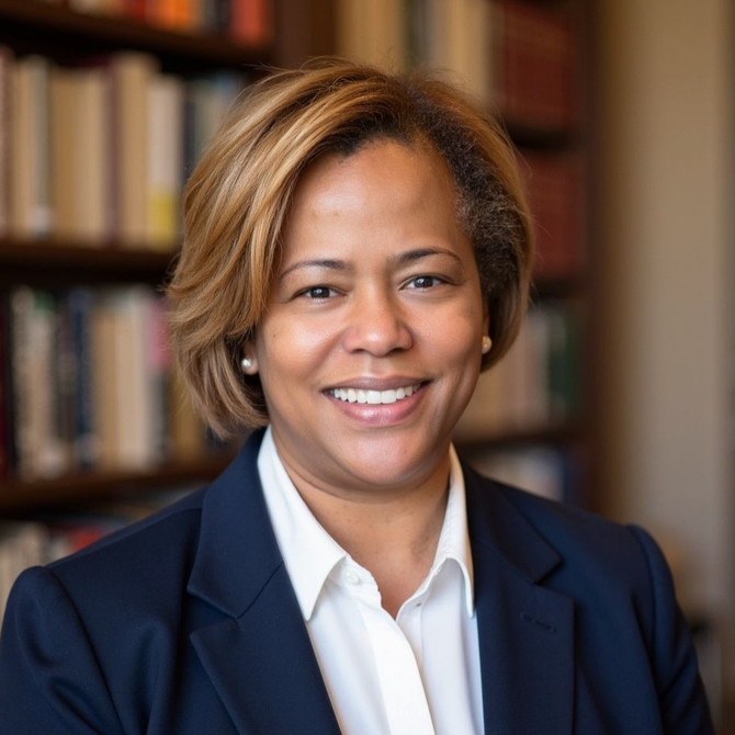Smiling professional in navy blazer and white shirt, seated in front of bookshelves.