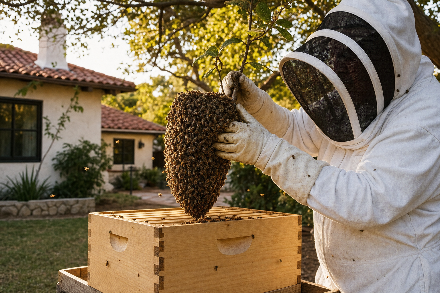 A beekeeper performing a live honeybee swarm removal and relocation in San Juan Capistrano, CA