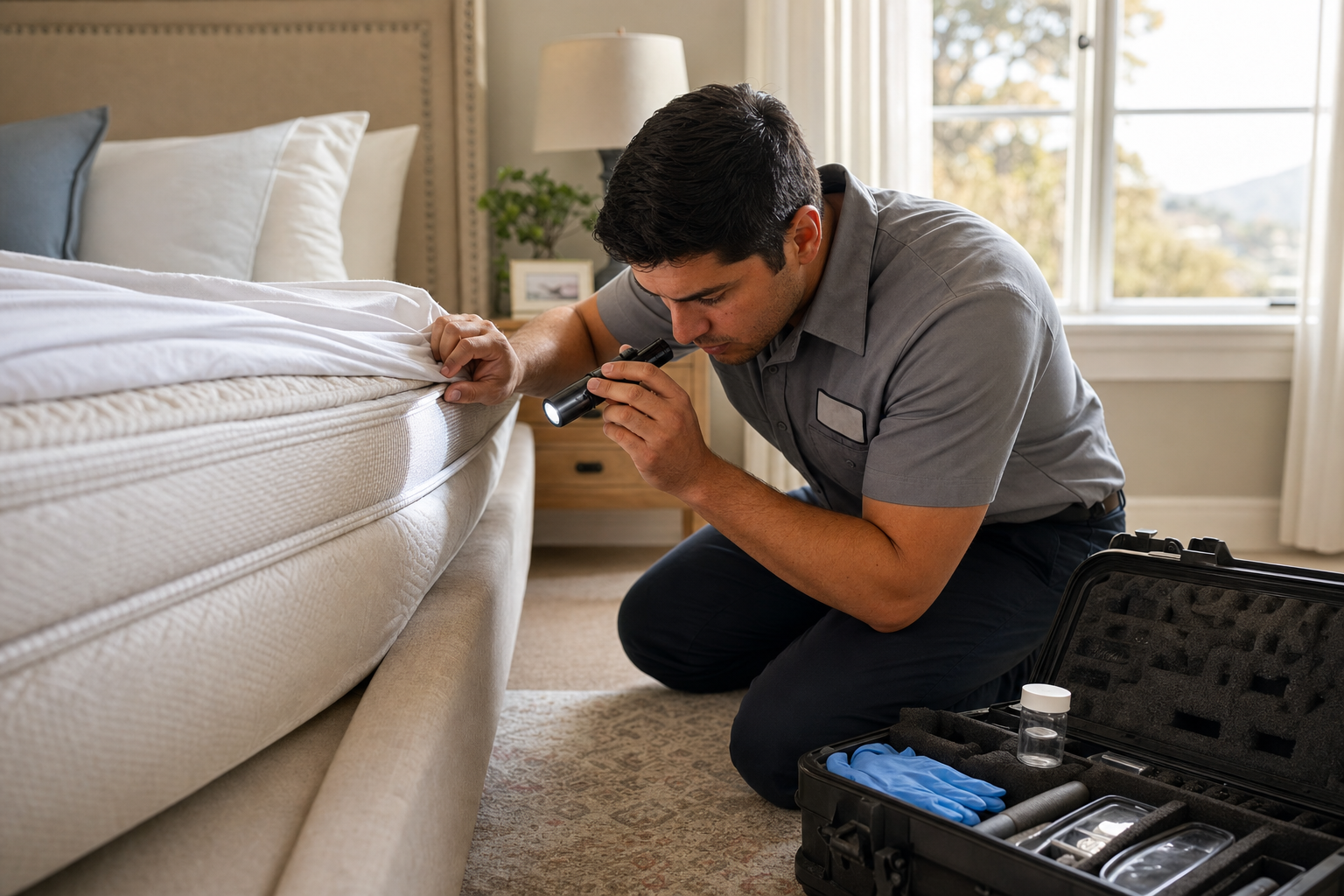 Pest control technician inspecting a mattress seam for bed bugs in San Juan Capistrano, CA
