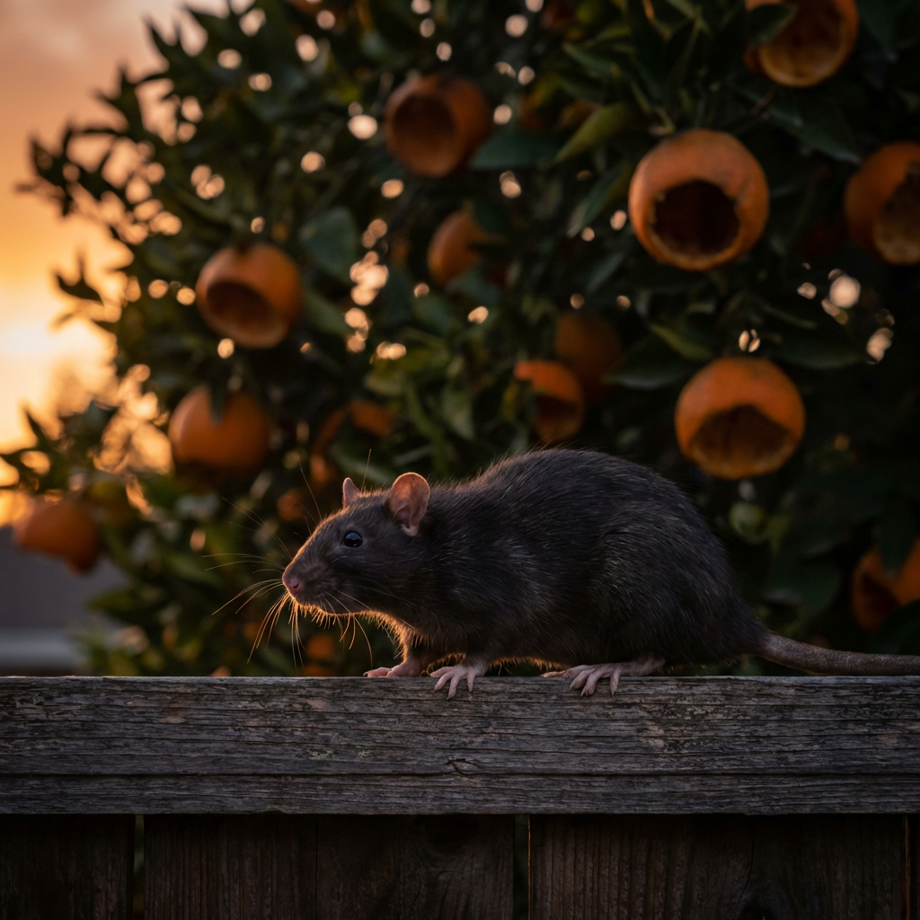 Roof rat perched on a fence in a San Juan Capistrano backyard near a citrus tree